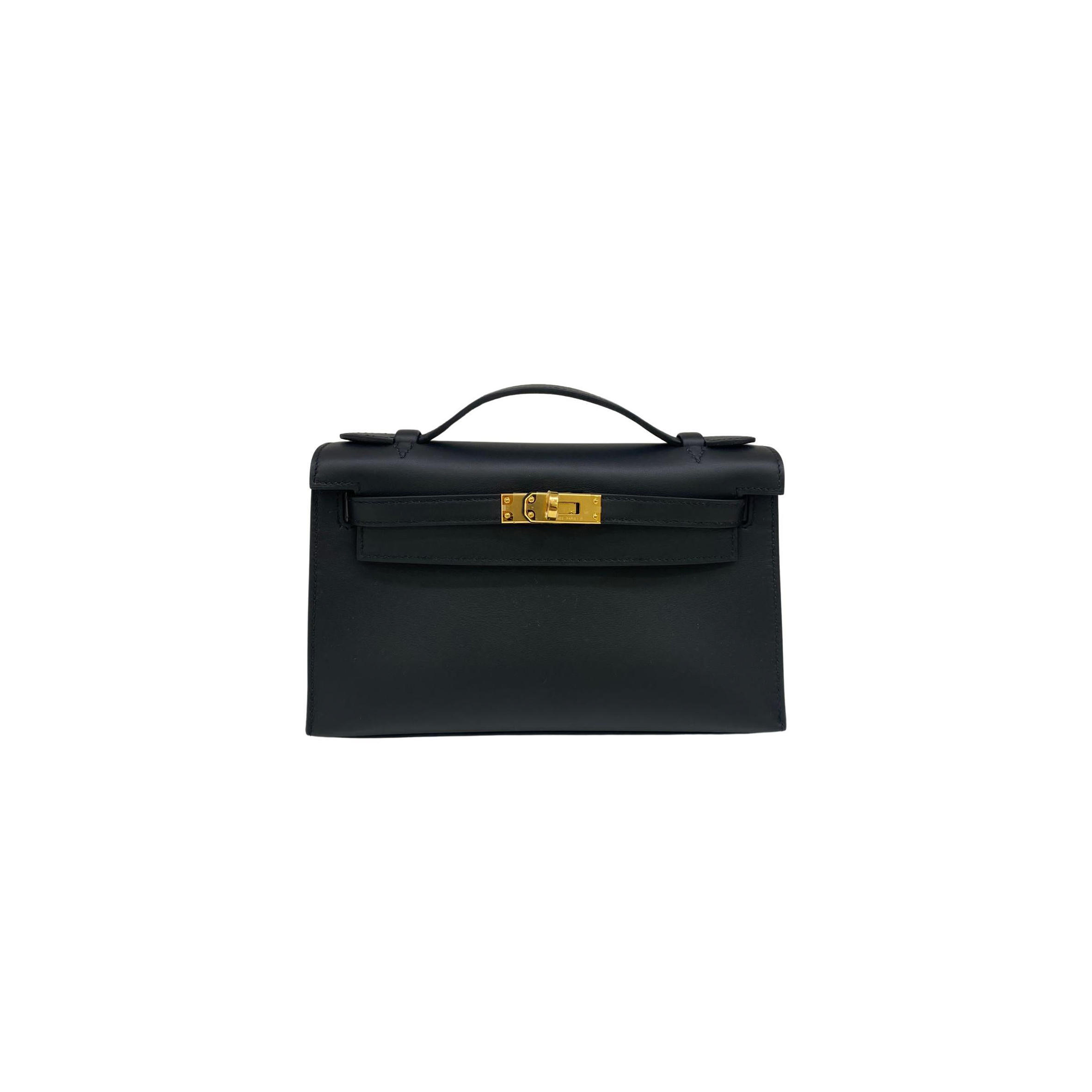 HERMES MASTER KELLY POCHETTE BLACK SWIFT GOLD HARDWARE (22*14*7cm) 